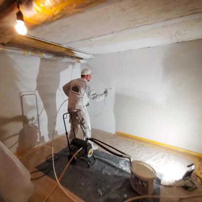 Spritzarbeiten an einer Wand im Innenbereich