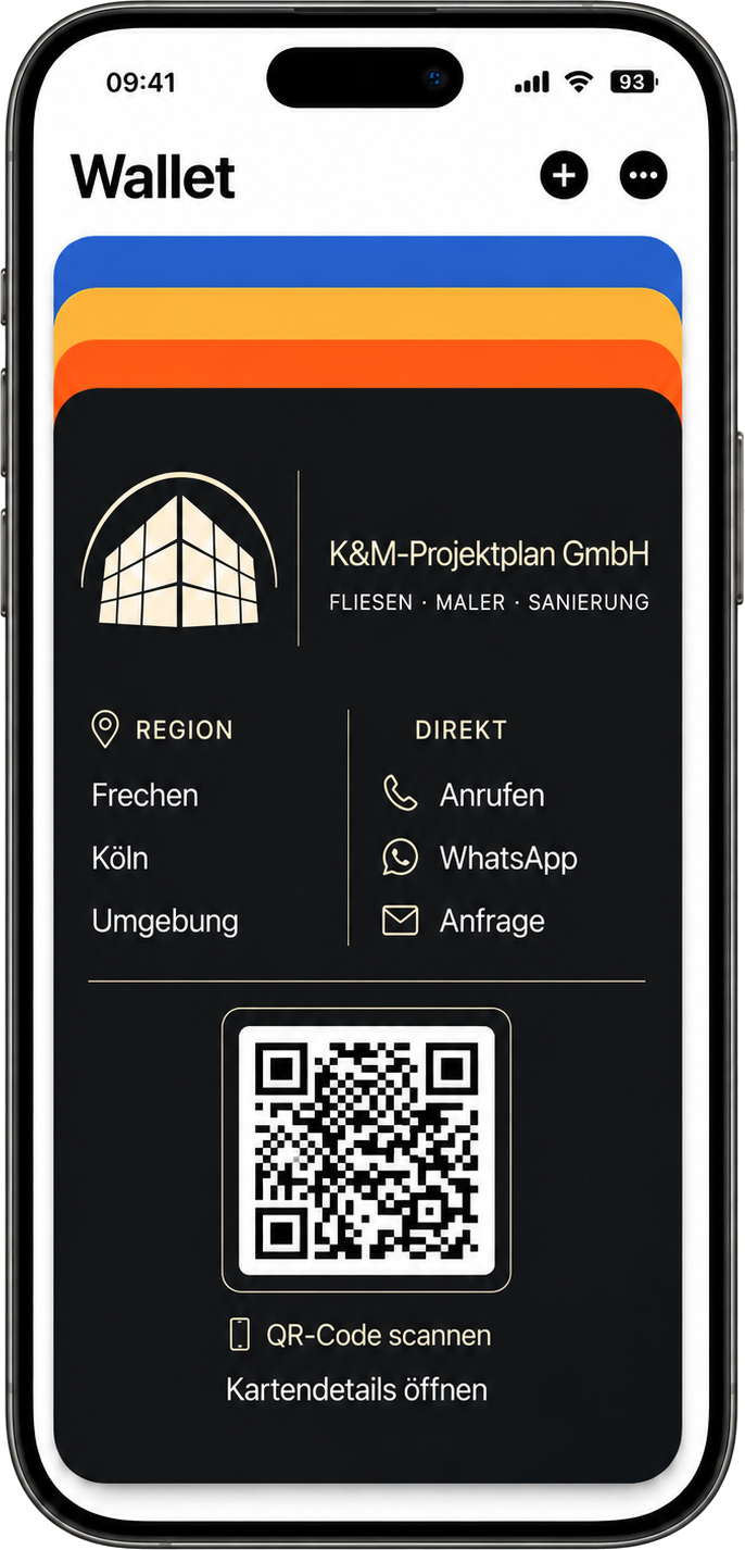 Digitale Kontaktkarte der K&M-Projektplan GmbH in einer Wallet-Ansicht